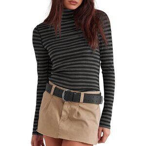 Women's Undershirts Striped Dark Grey Long Shirt Sleeve Ribbed Fit Slim Top Tees
